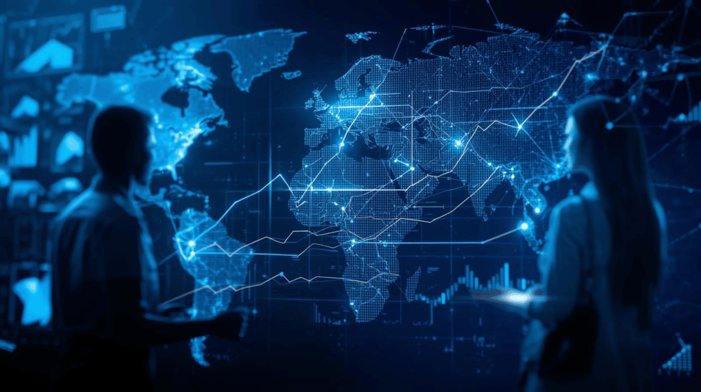 Ilustrasi tren ekonomi global 2025 dengan grafik digital, peta dunia futuristik, dan visual data interaktif.