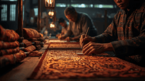 Pengrajin batik sedang membuat motif batik tradisional.