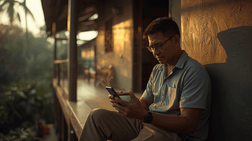 Warga Indonesia membaca kabar nasional hari ini di pagi hari menggunakan ponsel