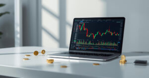 Ilustrasi berbagai instrumen investasi modern dalam satu meja kerja