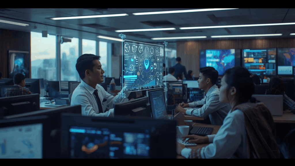 Ilustrasi profesional Indonesia menganalisis tren kerja digital