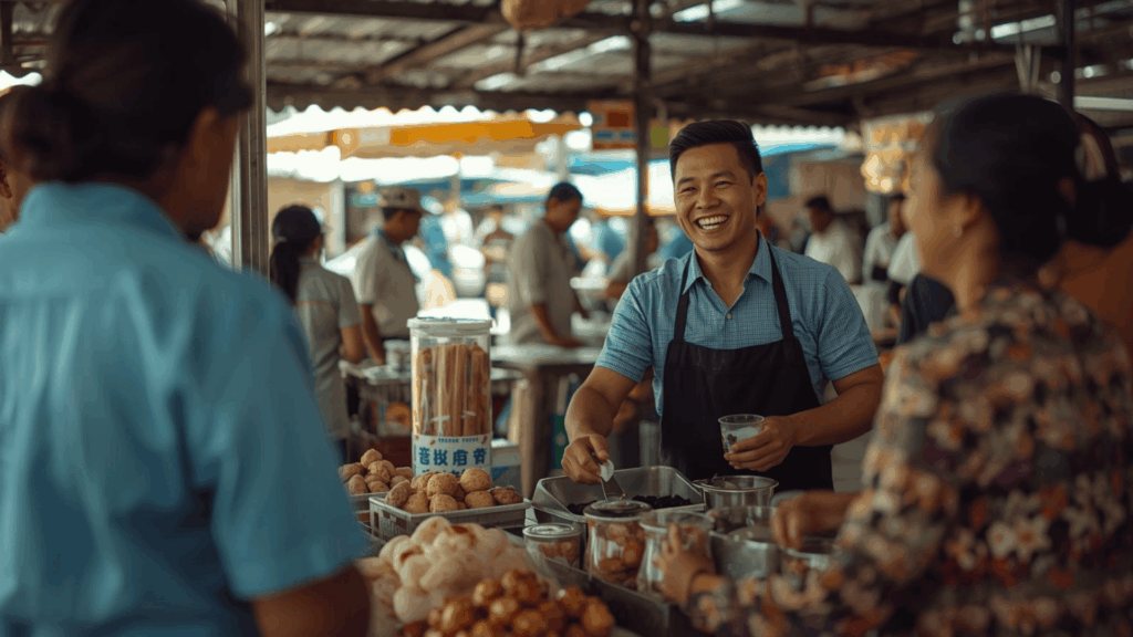Pemilik warung melayani pelanggan